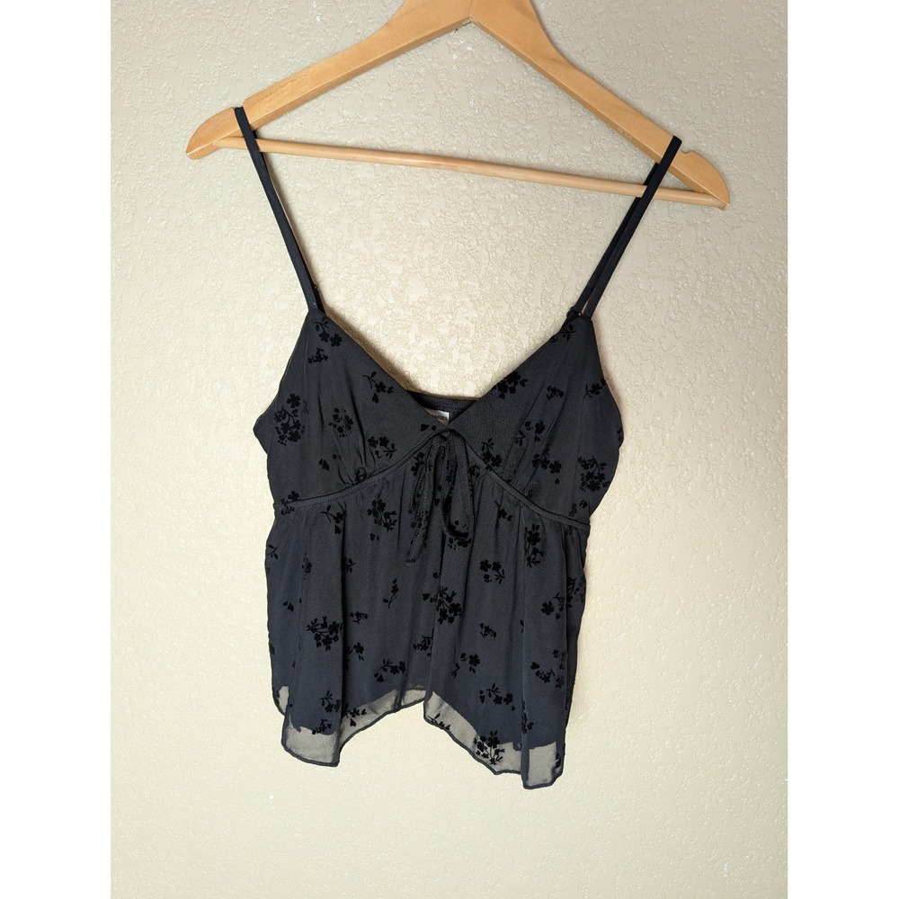 No Boundaries Women's M Black Floral Flocked Mesh Babydoll Cami Top Y2K